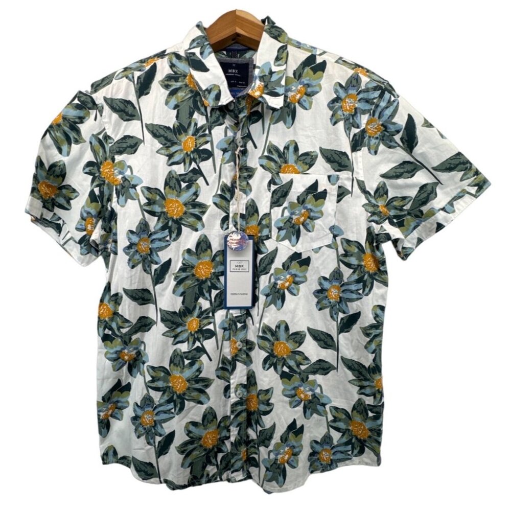 MBX Premium Goods Mens Button Shirt Sz L SS Floral Hawaiian Beachy NEW $48 MSRP